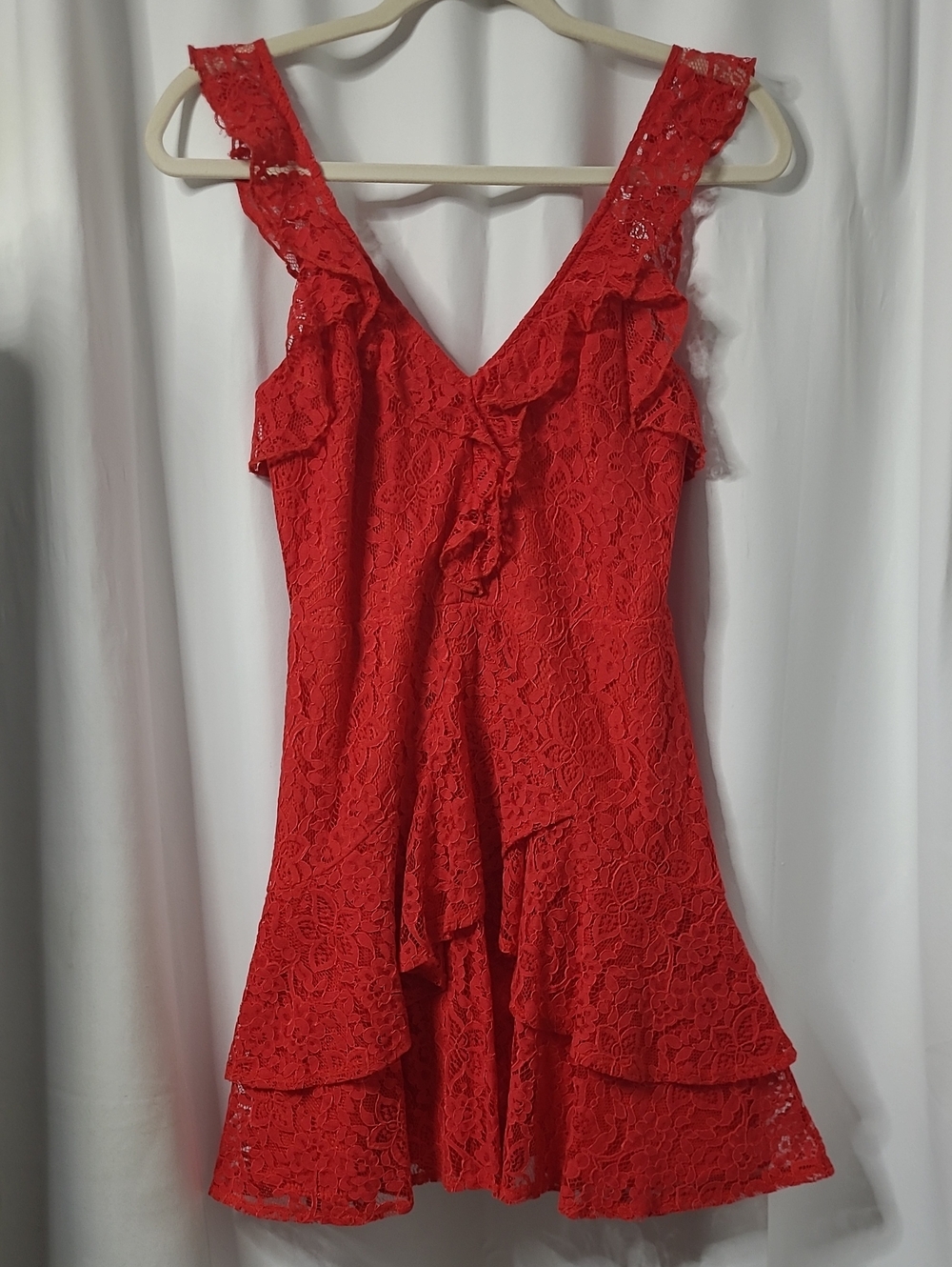 All in Favor Red Lace Ruffle Mini Dress